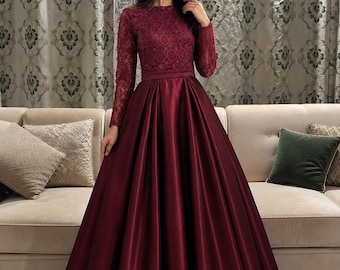 Vestido longo de seda borgonha para mulheres, elegante vestido formal de renda com mangas compridas, vestido maxi até o chão, vestido para convidada de casamento, vestido para ocasiões especiais.