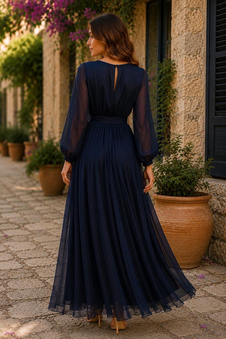 Vestido longo azul marinho em chiffon para mulheres, vestido formal de manga comprida, vestido para convidada de casamento, vestido de noite discreto, vestido de festa fluido imagem 3
