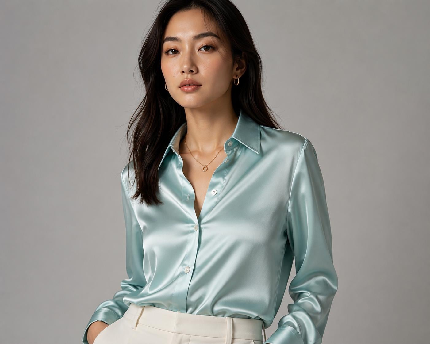 Womens Silk Blouse Mint Green Silk Button-Up Shirt Luxury Office Casual Chic Top,Classic Silk blouse,wedding wear blouse, Evening party wear