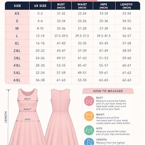 Pode incluir: Uma tabela de tamanhos de vestido ROVLUXE com tamanhos dos EUA de XS a 6XL, incluindo medidas de busto, cintura, quadril e comprimento em polegadas. Inclui ilustra&ccedil;&otilde;es de um vestido com etiquetas e instru&ccedil;&otilde;es sobre como medir.