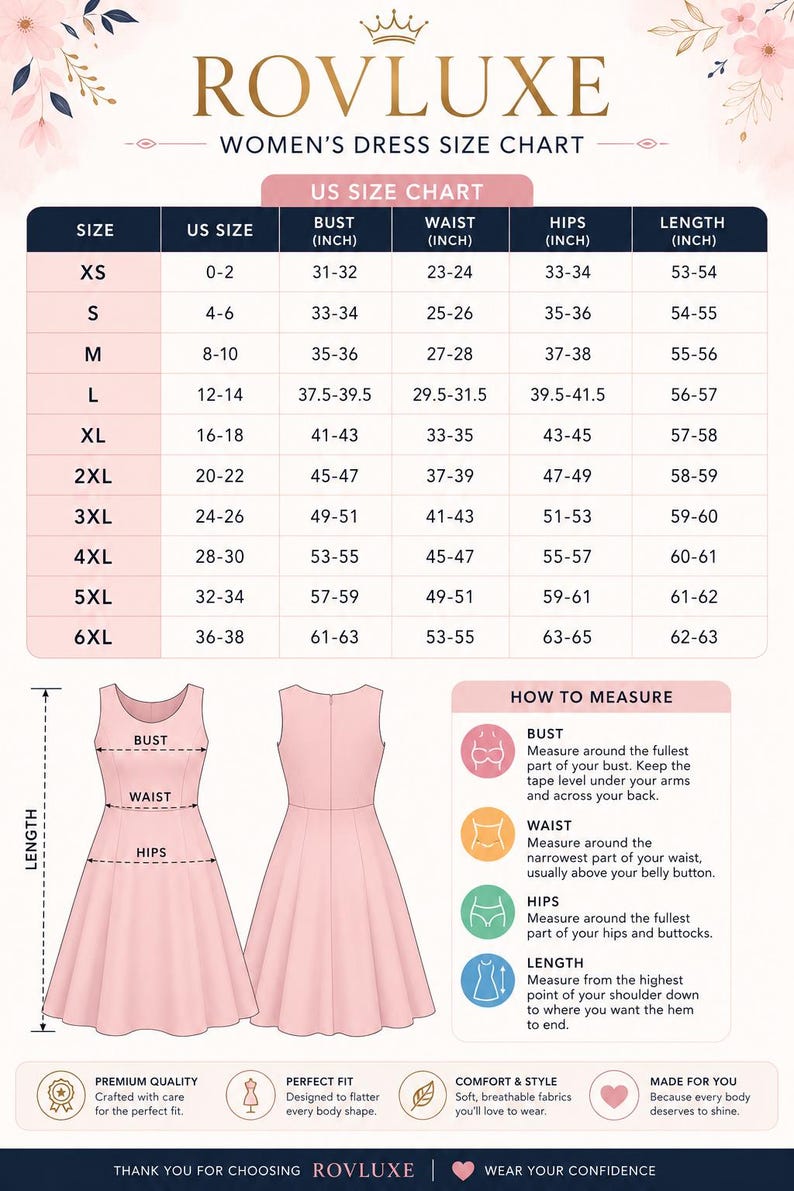 Pode incluir: Uma tabela de tamanhos de vestido ROVLUXE com tamanhos dos EUA de XS a 6XL, incluindo medidas de busto, cintura, quadril e comprimento em polegadas. Inclui ilustra&ccedil;&otilde;es de um vestido com etiquetas e instru&ccedil;&otilde;es sobre como medir.