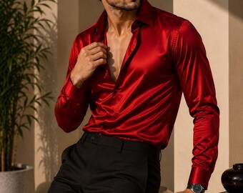 Luxury Men’s Red Silk Shirt, Glossy Formal Button Down Shirt for Men, Elegant Long Sleeve Party Shirt, Wedding & Evening Wear, Wedding Shirt