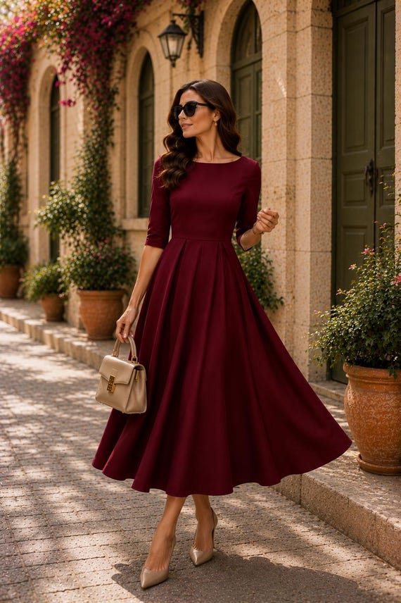 Burgundy Midi Dress for Women | Elegant A-line Dress | Vintage Inspired Party Dress | Wedding Guest Dress | Modest Formal Dress, Part Wear