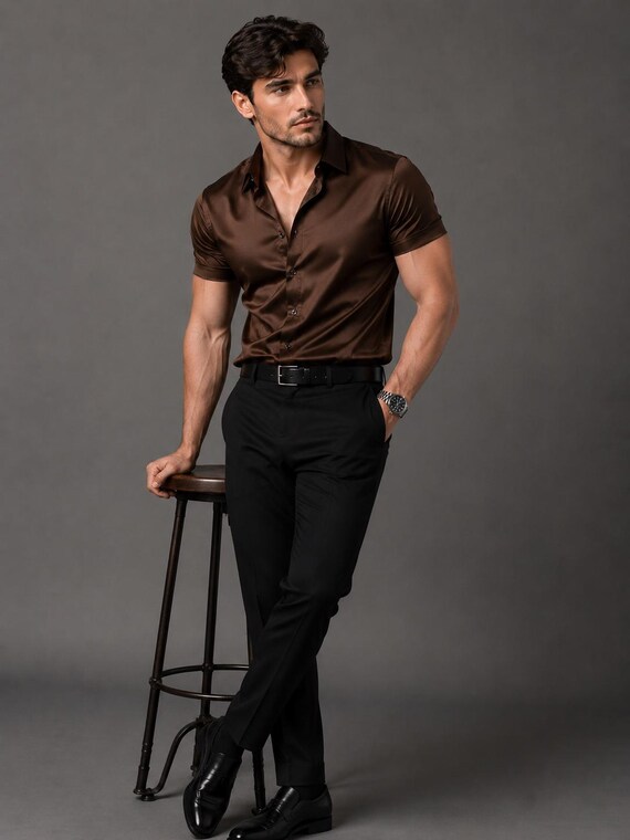 black brown slim fit dress shirt Men's Silk | Luxury Shirt, Elegant Long Sleeves Office Wear, Shirt, Half Sleeves Shirt, Prom Shirt, Gift for Him Tiered Skirt Rose Gold Silk Wrap Color:Lapis Go with our Rounded