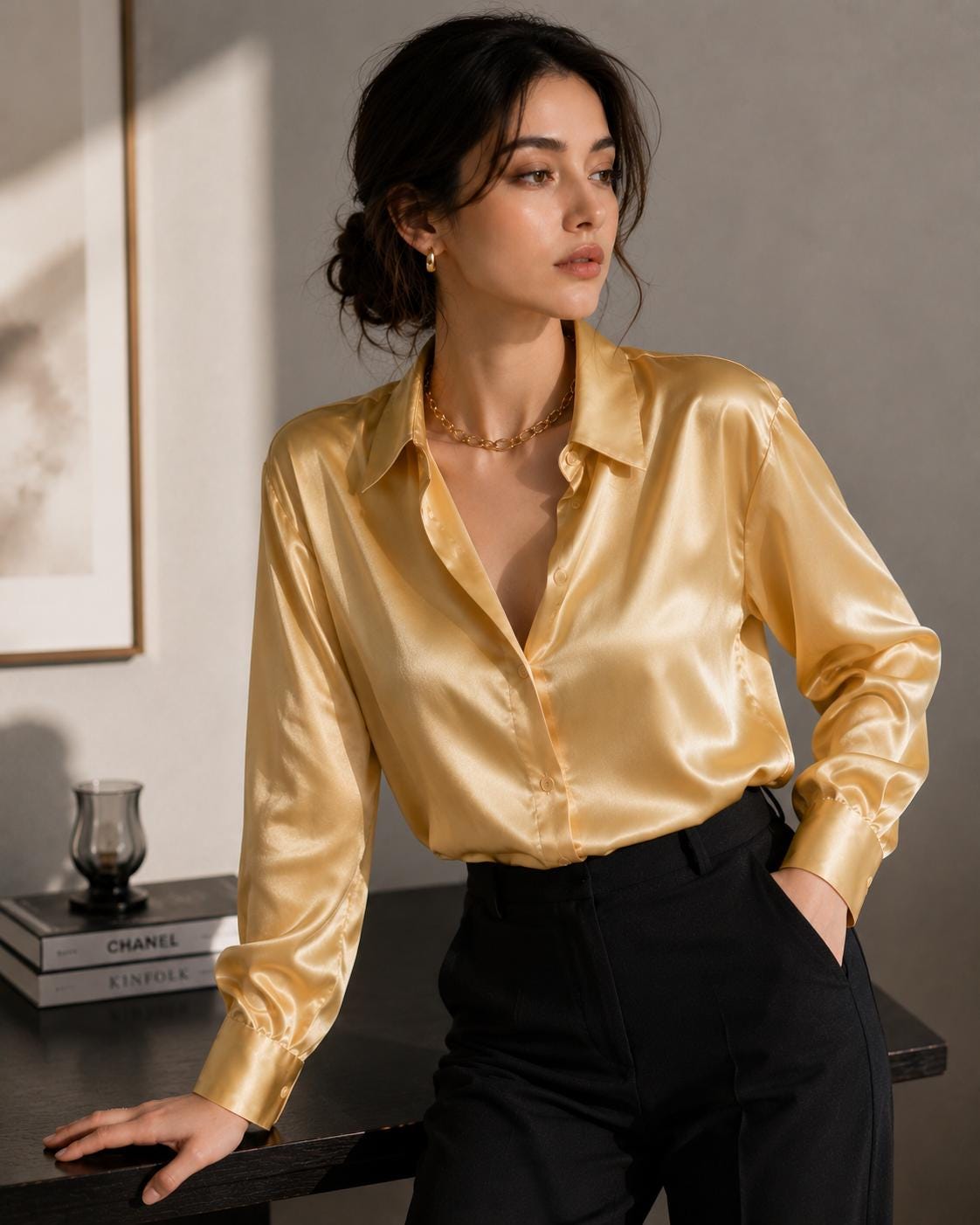gold dress blouse Satin gold mesh top