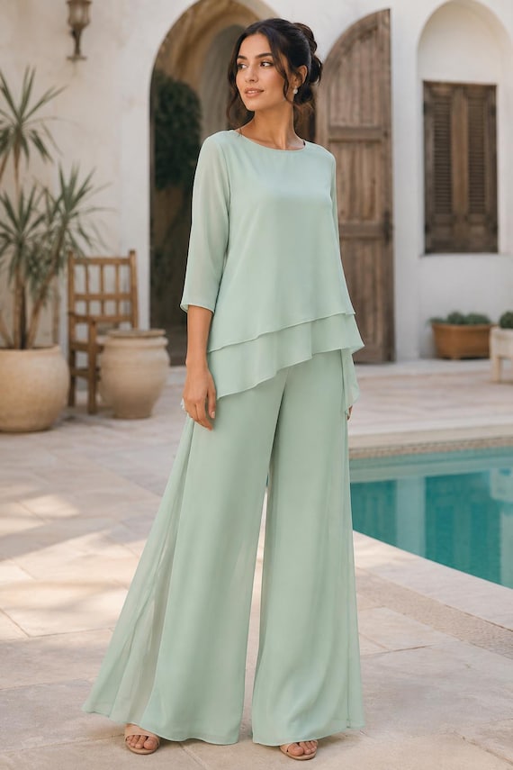 Mint Green Chiffon Dress for Women, Mother of the Bride Outfit, Wedding Dress, Layered Chiffon Top, Wide Leg Palazzo Pants, Formal Dress