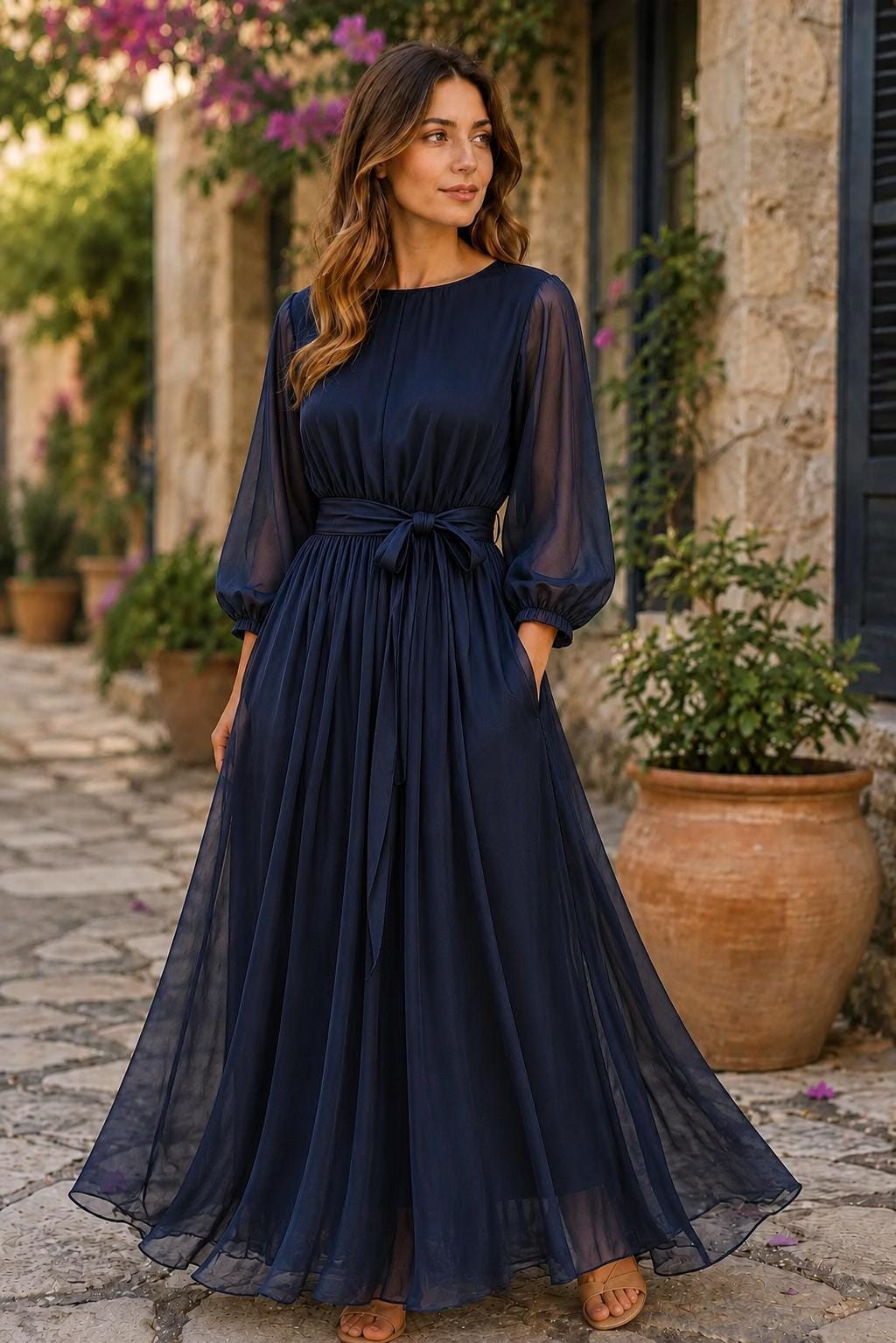 navy blue and brown dress Maxi Outfit ideas Style:EG01923DR collection: NICOLEMADDIE Sage Bridesmaid dress ASOS Balancing contrast and cohesion