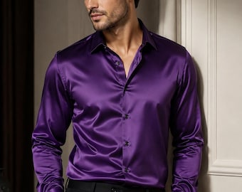 Camicia di lusso in seta viola da uomo / Camicia formale a maniche lunghe con bottoni / Elegante camicia da cerimonia / Camicia da uomo / Camicia classica da uomo