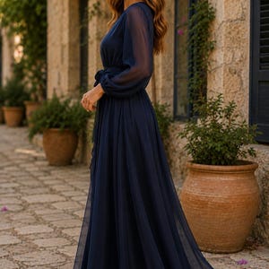 Vestido longo azul marinho em chiffon para mulheres, vestido formal de manga comprida, vestido para convidada de casamento, vestido de noite discreto, vestido de festa fluido imagem 2