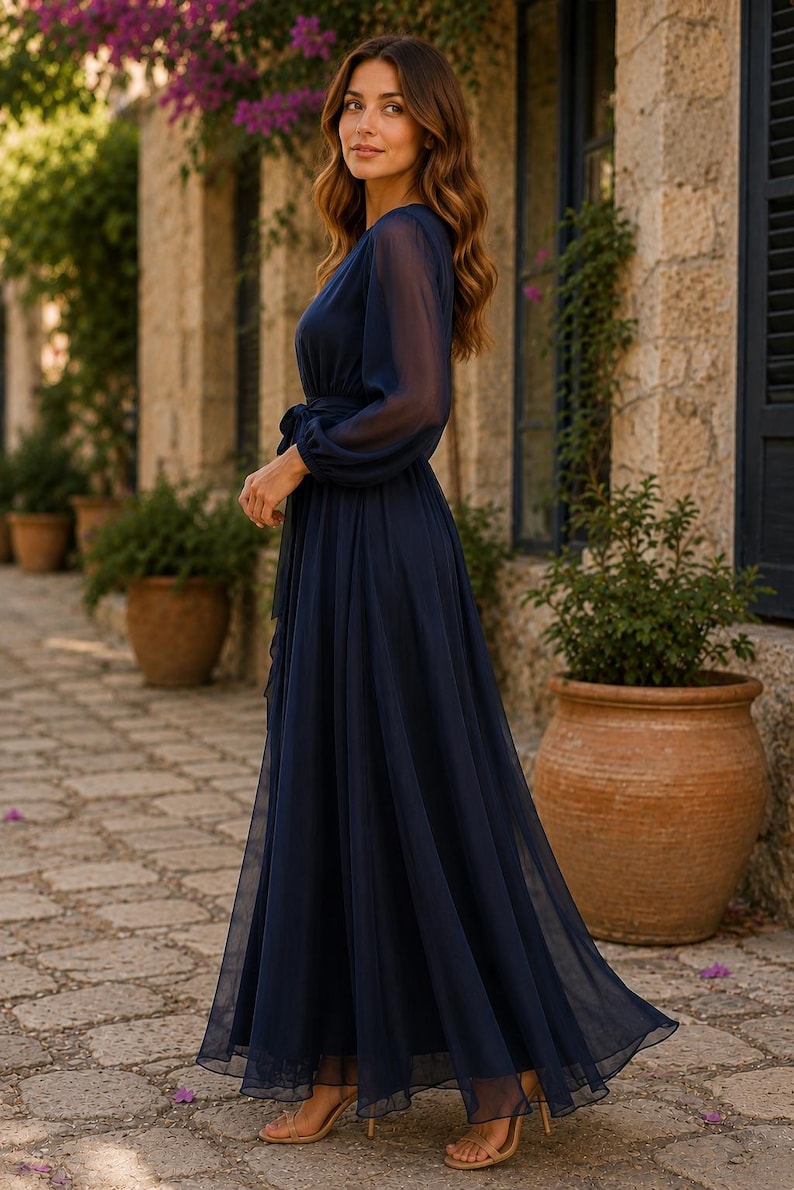 Vestido longo azul marinho em chiffon para mulheres, vestido formal de manga comprida, vestido para convidada de casamento, vestido de noite discreto, vestido de festa fluido imagem 2