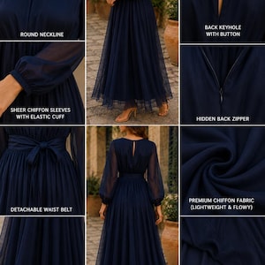 Pode incluir: Um vestido longo azul-marinho com decote redondo, mangas compridas de chiffon transparente com punhos el&aacute;sticos e um cinto remov&iacute;vel. A pe&ccedil;a inclui uma abertura traseira com bot&atilde;o, um fecho oculto, uma bainha rodada e um forro interior completo.