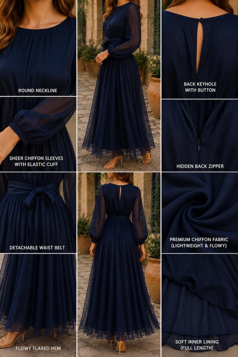 Pode incluir: Um vestido longo azul-marinho com decote redondo, mangas compridas de chiffon transparente com punhos el&aacute;sticos e um cinto remov&iacute;vel. A pe&ccedil;a inclui uma abertura traseira com bot&atilde;o, um fecho oculto, uma bainha rodada e um forro interior completo.