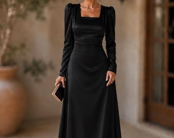 Vestido longo preto de seda premium para mulheres, elegante vestido de noite de manga comprida, vestido formal de luxo, roupa para convidada de casamento, vestido longo inspirado na seda.