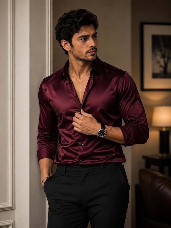 Men's Burgundy Silk Shirt Luxury Button Down Shirt for Men Elegant Party & Wedding Shirt Long Sleeve Formal Shirt, Elegant Men's Shirt