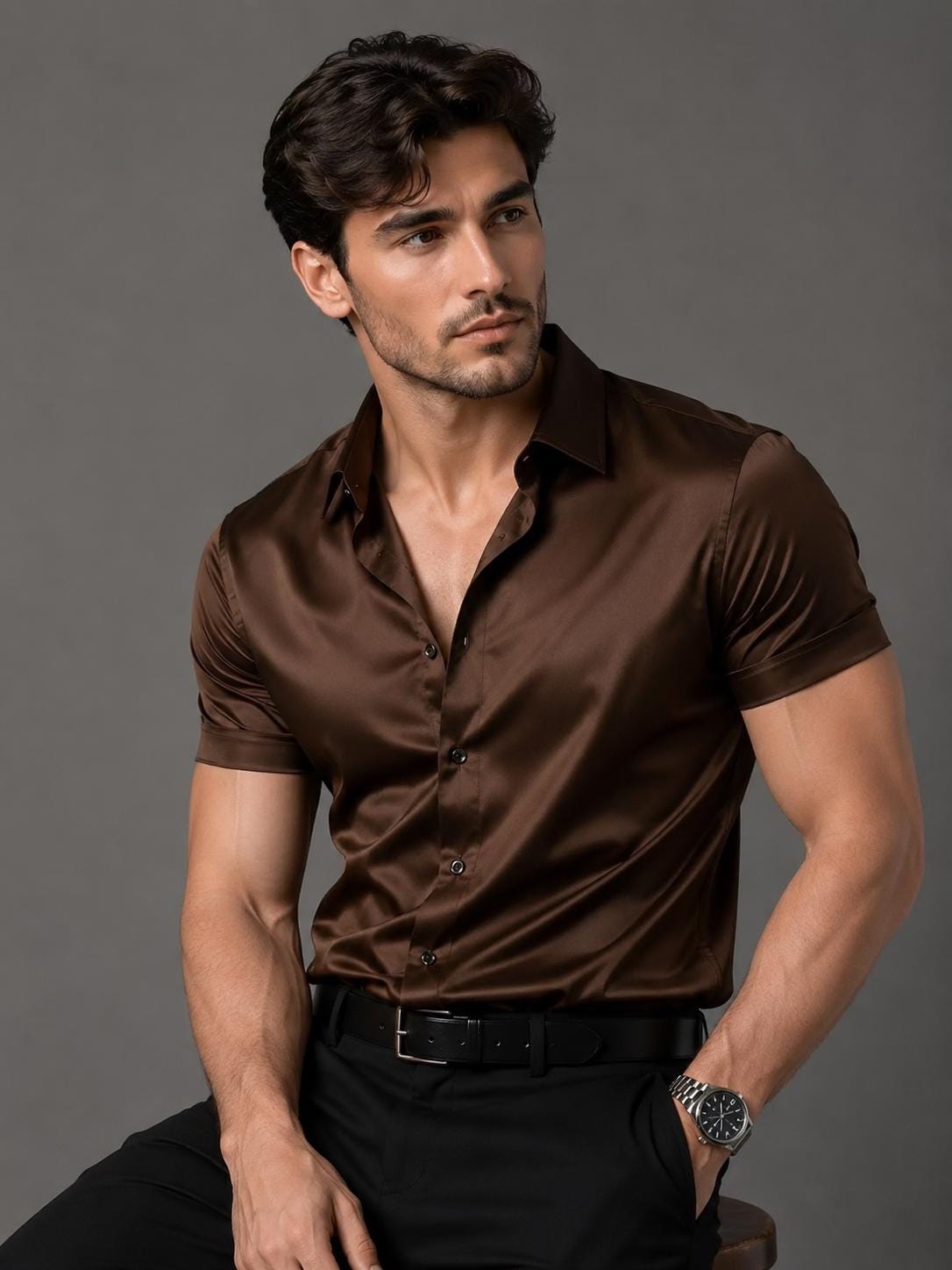 Men's Brown Silk Shirt | Luxury Slim Fit Shirt, Elegant Long Sleeves Office Wear, Dress Shirt, Half Sleeves Shirt, Prom Shirt, Gift for Him