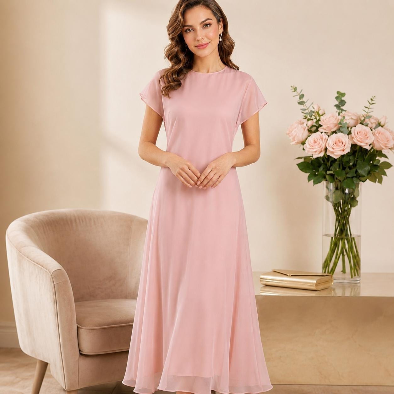 Blush Pink Chiffon Maxi Dress for Women Modest Bridesmaid