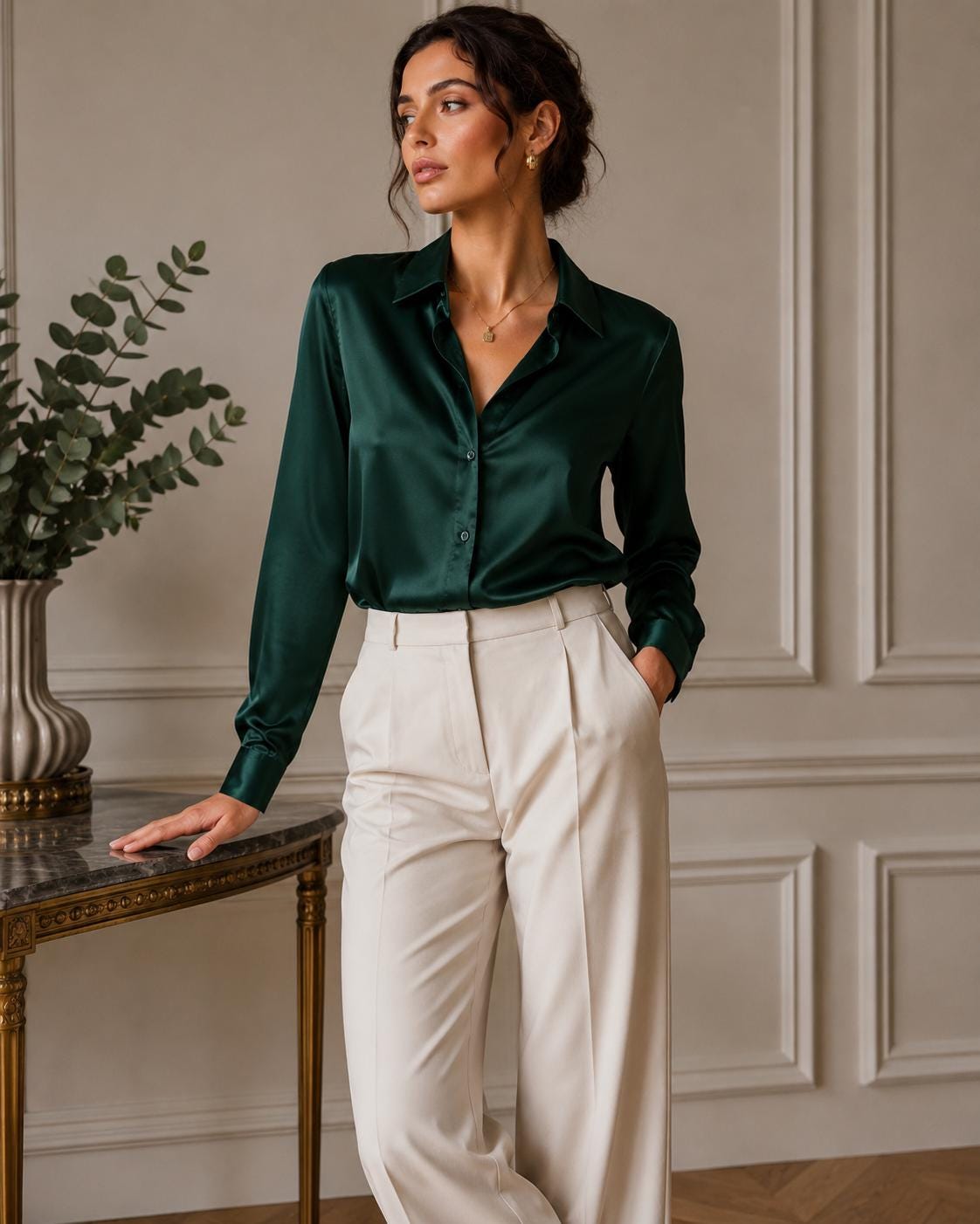 Silk Blouse Dressy Green Blouse Green Silk Blouse Dark Emerald Green Long Sleeve Button-Up Shirt