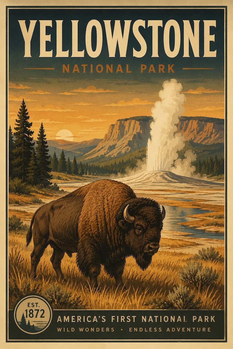 Yellowstone National Park Printable Wall Art, Vintage Travel Poster ...