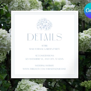 Könnte beinhalten: Eine quadratische, weiße Hochzeits-Detailkarte mit einer blauen Strichzeichnung einer Hortensienblüte oben. Der Text lautet DETAILS, ATTIRE SEMI-FORMAL GARDEN PARTY, ACCOMODATIONS 123 ANYWHERE ST., ANY CITY, ST 12345 und WEDDING WEBSITE WWW.THEKNOT.COM/SARAHANDMICHAEL.