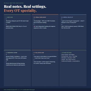 May include: A dark blue graphic with text: "Real notes. Real settings. Every OT specialty." The image displays 6 sections with notes on Aged Care, Spinal Cord Injury, Mental Health OT, Paediatric Autism, Palliative Care, and More Settings.