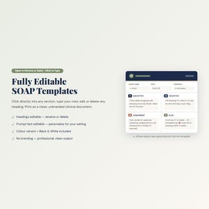 May include: A digital document template with the title "Fully Editable SOAP Templates" in a clean, professional design. The template includes editable sections for client information, subjective notes, objectives, assessments, and a plan. The document is designed for easy editing and printing.