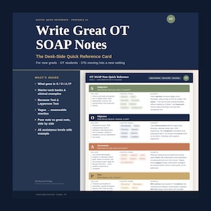 Op de afbeelding: Een digitale naslaggids voor het schrijven van OT SOAP-notities, met een donkerblauwe achtergrond en witte tekst. Het document bevat secties voor Subjectief, Objectief, Assessment en Plan, inclusief startwerkwoorden en klinische voorbeelden.