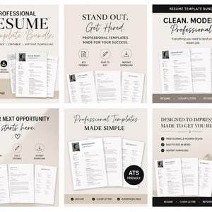 Puede incluir: Una colección de plantillas de currículum vitae con varios diseños. El texto incluye frases como "Professional Resume Template Bundle", "Stand Out, Get Hired" y "Clean, Modern, Professional". Cada plantilla es compatible con ATS, editable y de descarga instantánea.