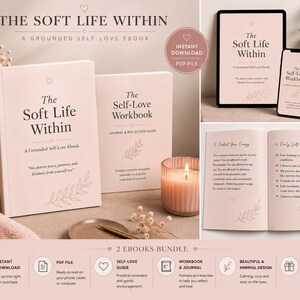 Könnte beinhalten: Ein weiches, rosa E-Book- und Arbeitsbuch-Bundle mit dem Titel "The Soft Life Within". Das Cover zeigt den Titel, ein Herz und einen Zweig mit Blättern. Das Bild enthält eine brennende Kerze, ein Smartphone und ein Tablet.