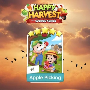 May include: A digital game card titled Apple Picking featuring a cartoon scene of two characters harvesting red apples in a field with a barn and a cow in the background. The card displays five yellow stars at the top and the text +1 at the bottom.