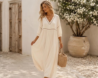 Boho Strand Maxikleid - Sommer Urlaubskleid mit V-Ausschnitt - Resort Wear Cover Up - Fließendes Strandkleid