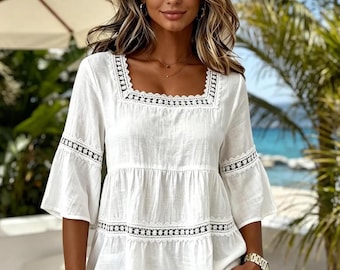 Peplumblus med spetskant | Boho topp med fyrkantig halsringning och klockad ärm | Sommarblus med avslappnad passform | Perfekt present