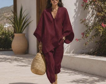 Ensemble de salon en lin pour femme - Ensemble caftan surdimensionné deux pièces - Tenue de vacances bohème - Vêtements de villégiature