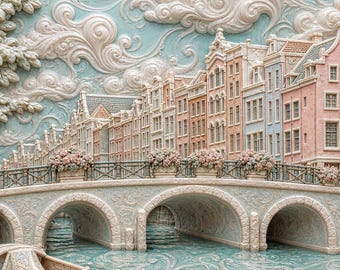 Lámina decorativa imprimible con paisaje de ensueño de los canales de Ámsterdam para decoración del hogar.
