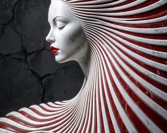 Retrato abstracto de mujer de mármol, arte mural imprimible, surrealista, cinta roja, póster digital para descargar.
