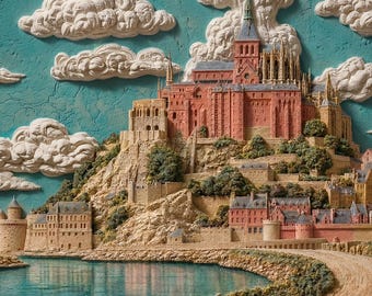 Lámina decorativa de Mont Saint Michel / Póster de viaje a Francia con castillo medieval (descarga digital)