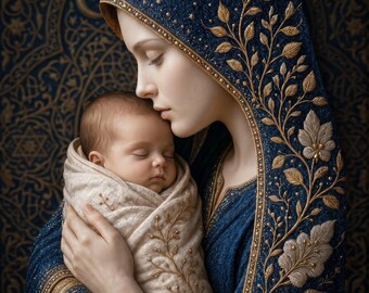 Retrato fantástico de madre e hijo para pared, póster digital elegante para imprimir.