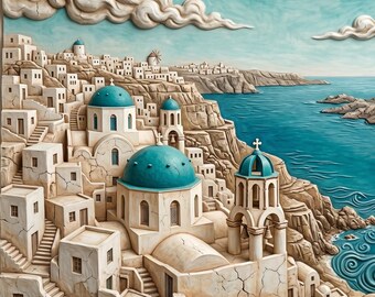 Arte mural imprimible de Santorini, Grecia: Paisaje de ensueño de la isla mediterránea