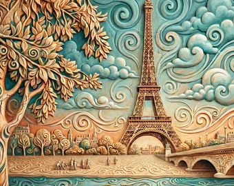 Póster digital imprimible de la Torre Eiffel con paisaje onírico de París, decoración surrealista de la ciudad francesa.