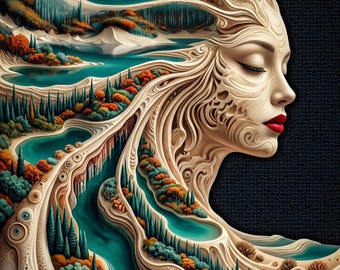 Retrato surrealista de mujer para pared, póster digital imprimible de naturaleza fantástica