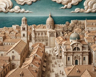 Arte mural imprimible de paisaje urbano fantástico de Dubrovnik, Croacia, arquitectura costera del Adriático, descarga digital, decoración de ensueño