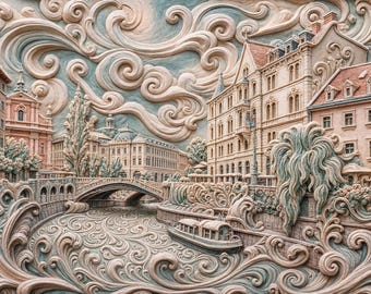 Decoración mural con paisaje onírico de Liubliana, paisaje urbano surrealista europeo para imprimir en formato digital.