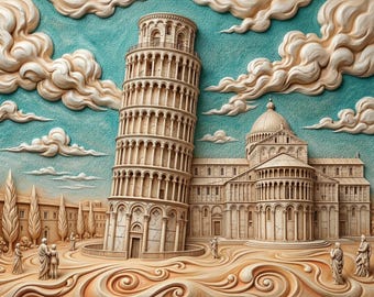 Lámina decorativa de fantasía para pared de Pisa, Italia, con la Torre Inclinada como paisaje de ensueño.