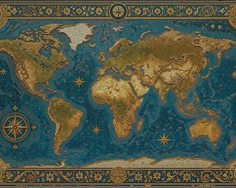 Mapa del mundo en mosaico bizantino, arte mural imprimible, cartografía antigua, descarga digital para decoración.