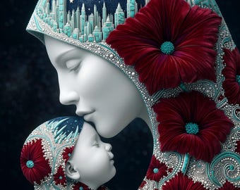 Retrato surrealista de madre e hijo, lámina artística celestial onírica (descarga digital)