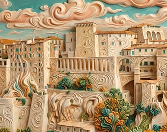 Cuadro decorativo imprimible de Pitigliano, Italia, con paisaje onírico de un pueblo toscano.