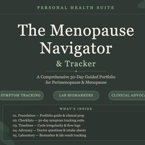 May include: A dark green digital product titled "The Menopause Navigator & Tracker." It includes sections for symptom tracking, lab biomarkers, and clinical advocacy. The product offers a 30-day guided portfolio for perimenopause and menopause, with printable and fillable clinical logs.