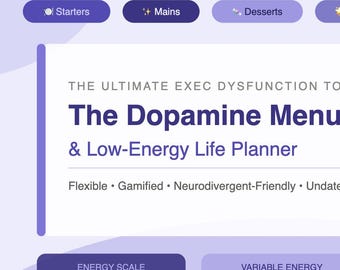 ADHD-planner digitaal afdrukbaar, dopamine-menu en planner voor weinig energie, bindmiddel voor uitvoerende disfunctie, neurodivergente routine-tracker A4