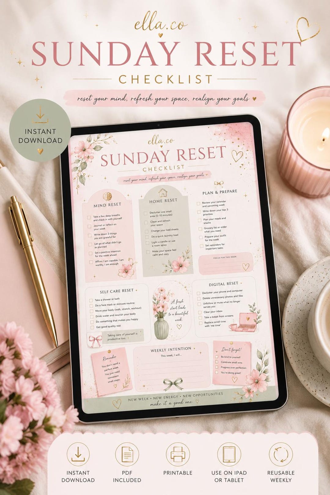 Sunday Reset Checklist.pdf Sunday Reset Checklist Printable | Soft Life Planner | Self Care ...
