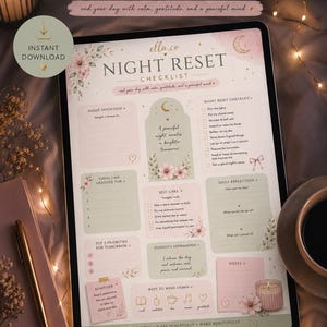 Peut inclure: Checklist numérique de remise à zéro nocturne avec des accents floraux. La liste comprend des sections pour les intentions, la gratitude, les soins personnels et la réflexion quotidienne. Le texte "Night Reset Checklist" est en haut. Inclut le téléchargement instantané, PDF, imprimable et réutilisable.