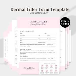 May include: A Dermal Filler Consultation Form template with a pink header, black text, and sections for client information and medical history. The document includes fields for name, date, and health questions. A small card shows aftercare icons.